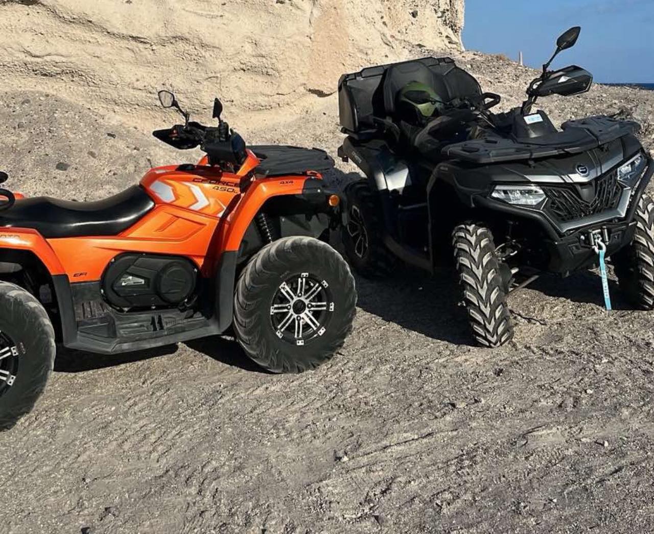 Sunset ATV ride through Santorini volcanic landscape